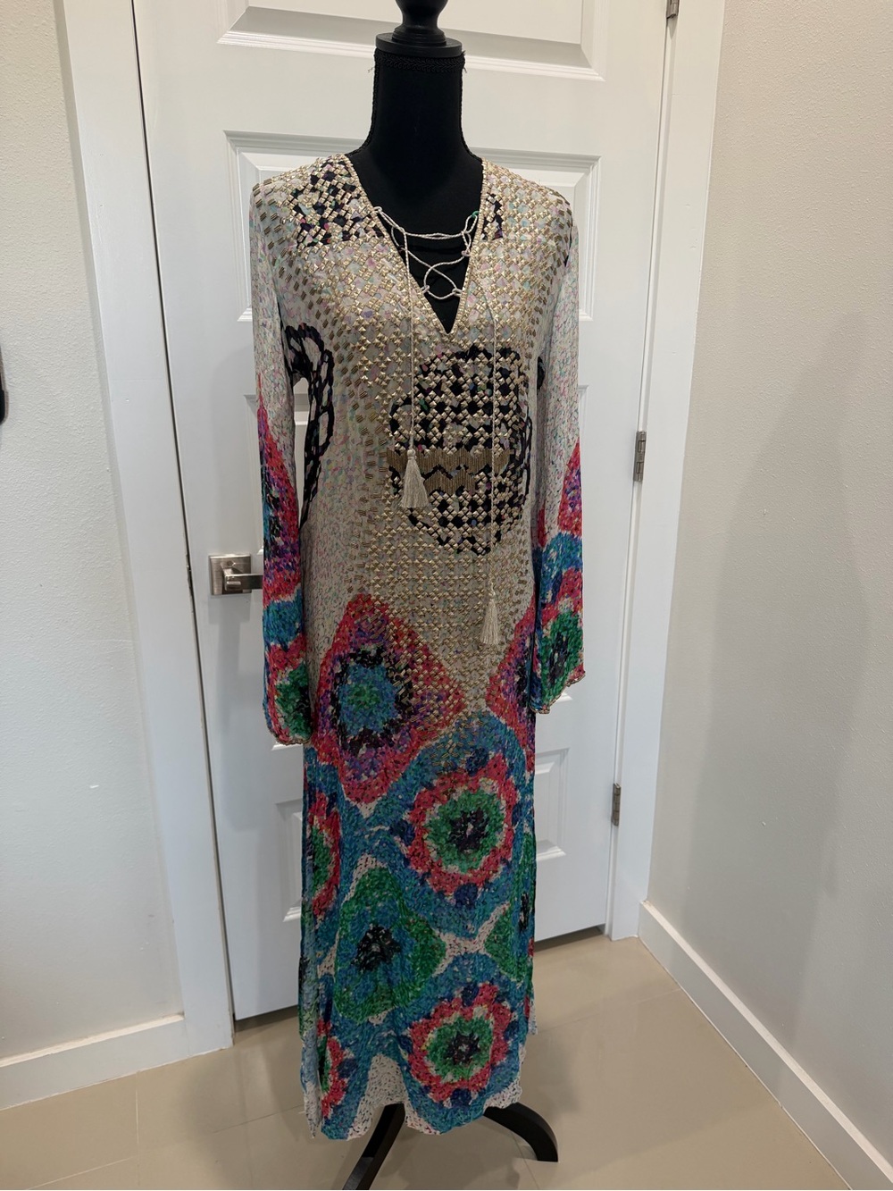 Vtg TAJ by Sabrina Crippa Boho Dress Maxi Silk Dress Metal Embroidered Resort XS